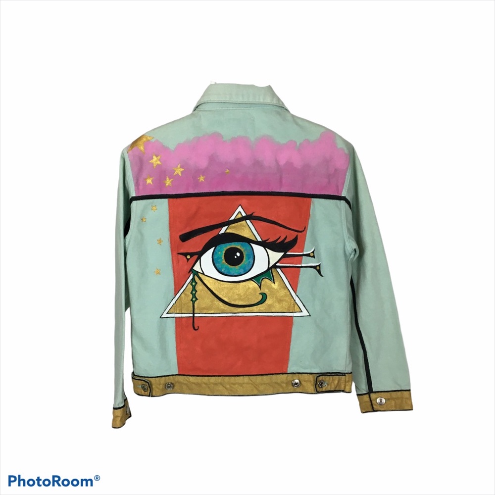 OOAK Custom Handmade Eye of Horus with Pyramid Jean Jacket Size Small Forever 21